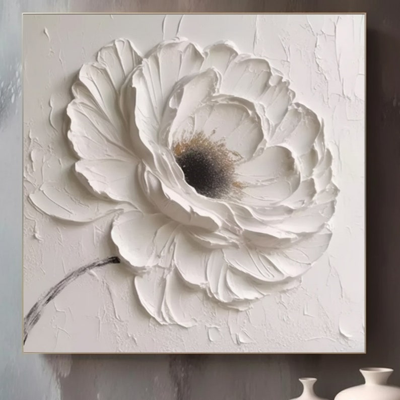 Oeuvre d'art murale texturée grande fleur blanche, oeuvre d'art minimaliste, peinture 3D texturée lourde, oeuvre d'art texturée riche en blanc, décoration de chambre tendance, peinture surdimensionnée image 5