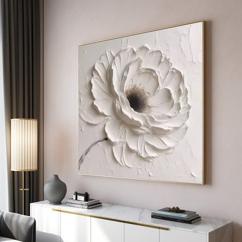 Oeuvre d'art murale texturée grande fleur blanche, oeuvre d'art minimaliste, peinture 3D texturée lourde, oeuvre d'art texturée riche en blanc, décoration de chambre tendance, peinture surdimensionnée image 7