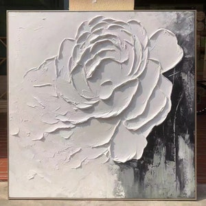 Texture de grande fleur blanche, peinture au couteau à palette d'art 3D, peinture acrylique de fleur, art minimaliste texturé épais, décoration murale de fleurs pour la maison image 8