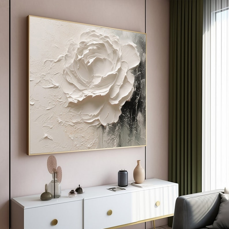 Texture de grande fleur blanche, peinture au couteau à palette d'art 3D, peinture acrylique de fleur, art minimaliste texturé épais, décoration murale de fleurs pour la maison image 4