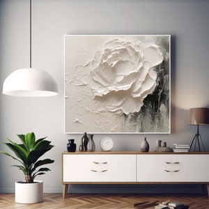 Texture de grande fleur blanche, peinture au couteau à palette d'art 3D, peinture acrylique de fleur, art minimaliste texturé épais, décoration murale de fleurs pour la maison image 6
