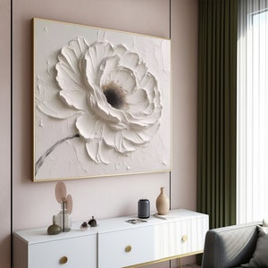 Oeuvre d'art murale texturée grande fleur blanche, oeuvre d'art minimaliste, peinture 3D texturée lourde, oeuvre d'art texturée riche en blanc, décoration de chambre tendance, peinture surdimensionnée image 6