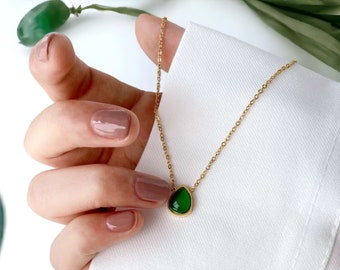 Water Drop Natural Emerald Stone Necklace, 18k Gold Necklace, Gold Plated Necklace, Gemstone Necklace, Perfect Gift Idea, Boho Necklace