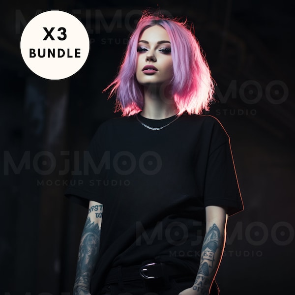 Bella & Canvas 3001 Bundle of x3 Pink Alternative Pop Punk Scene Gothic Black T-shirt Mockups