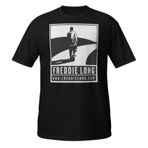 May include: Black and white graphic t-shirt featuring a silhouette of a person walking away on a road. The text "FREDDIE LONG" and "WWW.FREDDIELONG.COM" is printed below the graphic.