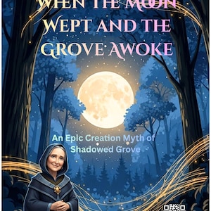 May include: Digital art illustration of a woman in a hooded cloak, set against a forest backdrop with a full moon. Text reads "When the Moon Wept and the Grove Awoke". The image has a mystical theme.