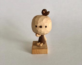 Handmade wooden carving Human and Bird Sculpture, Hand carved wood figurine