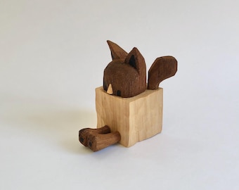 Handmade wooden carving  cat box ,Sculpture carved wood figurine