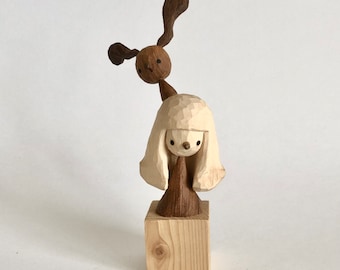 Handmade wooden The girl and rabbit , Hand carved wood figurine, Wood Gift