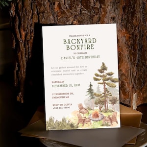 CozyPines Backyard bonfire party invitation with a cozy and warm design, featuring watercolor art with a firepit, trees, cozy backyard chairs, and festive customizable text. 5x7 Canva template for a nature-inspired backyard party.