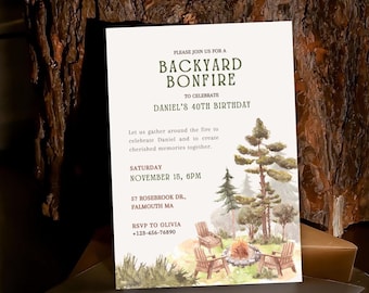 CozyPines Backyard Bonfire Birthday Invitation | 5x7 Editable Canva Template | DIY Outdoor Party Invite