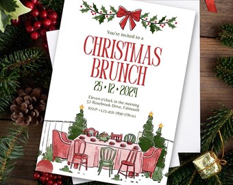 HollyGather Christmas Brunch Invitation | Festive Editable Canva Template | 5x7 DIY Holiday Party Invite