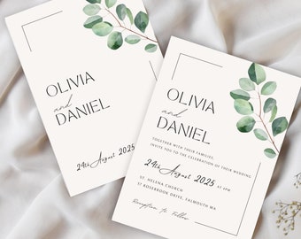 Evergreen Eucalyptus Wedding Invitation | Minimalist Editable Canva Template | 5x7 DIY Wedding Invite