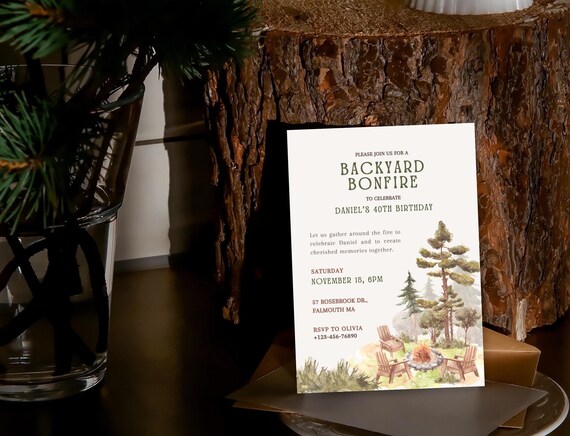 CozyPines Backyard Bonfire Birthday Invitation | 5x7 Editable Canva Template | DIY Outdoor Party Invite