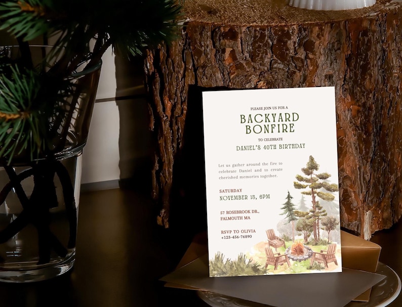 CozyPines Backyard bonfire party invitation with a cozy and warm design, featuring watercolor art with a firepit, trees, cozy backyard chairs, and festive customizable text. 5x7 Canva template for a nature-inspired backyard party.