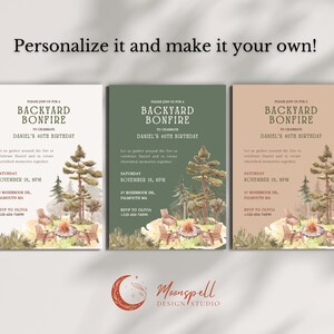 Editable CozyPines Backyard bonfire party invitation in Canva, showing customizable colors and layout options for a DIY birthday party invite that can be matched to your own style.