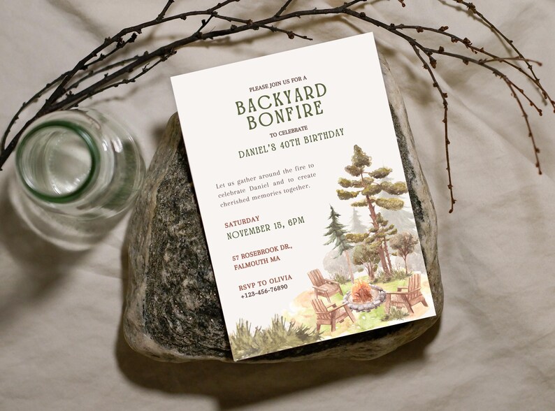 Printed CozyPines Backyard bonfire party invitation on high-quality cardstock, highlighting the cozy and warm design.
