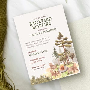 Close-up of personalizable text and elements on the CozyPines Backyard bonfire party invitation, showcasing editable names, dates, colors, or alignment, in a cozy editable font.