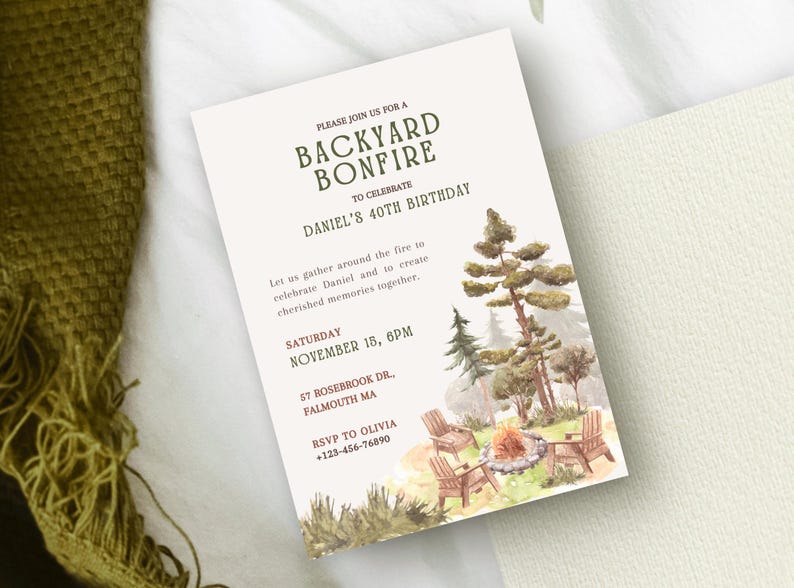 Close-up of personalizable text and elements on the CozyPines Backyard bonfire party invitation, showcasing editable names, dates, colors, or alignment, in a cozy editable font.