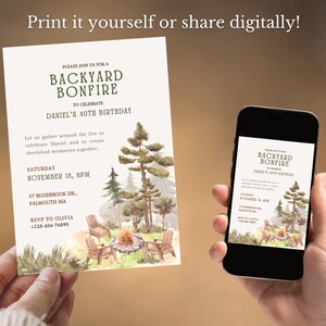CozyPines Backyard bonfire party invitation showcased both printed on high-quality cardstock and digitally on a smartphone, highlighting the cozy and warm design.
