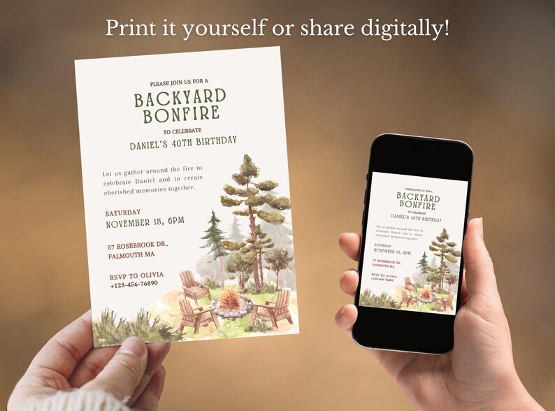 CozyPines Backyard bonfire party invitation showcased both printed on high-quality cardstock and digitally on a smartphone, highlighting the cozy and warm design.
