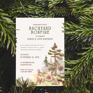 The CozyPines Backyard bonfire party invitation template has a casual and warm design, and contains nature-inspired and pine accents and unique simple editable text.