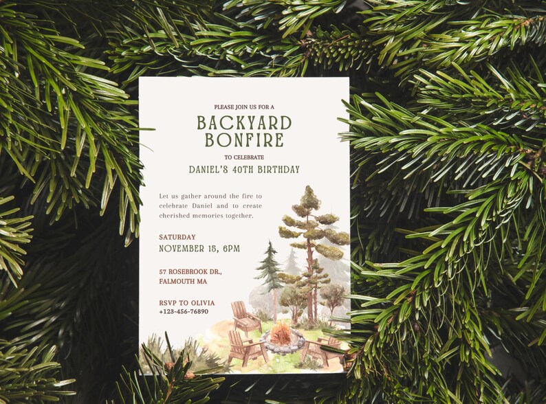 The CozyPines Backyard bonfire party invitation template has a casual and warm design, and contains nature-inspired and pine accents and unique simple editable text.