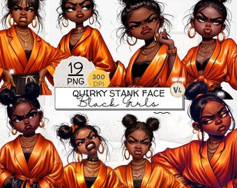 Sassy Stank Face Attitude, Quirky Black Girl Clipart, Sassy Fashion Girl Clipart Set, Afro American Girl, Projects, Sublimation, Projects