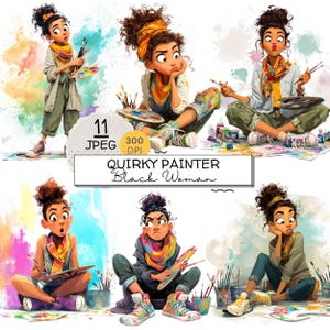 May include: Digital art featuring a black woman artist in various poses, holding paintbrushes and palettes. The artwork is titled "Quirky Painter Black Woman" and includes colorful paint splatters. The image also includes the text "11 JPEG 300 DPI".