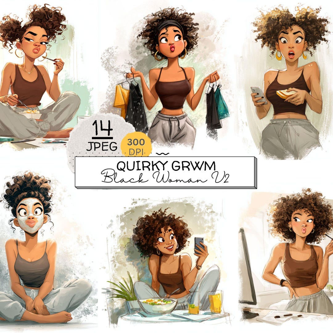 Funny GRWM Afro Woman Clipart Bundle Quirky Self Care Black Girl funny-grwm-afro-woman-clipart-bundle-quirky-self-care-black-girl