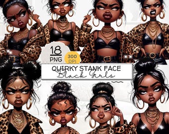 Quirky Stank Face Black Girl Clipart Bundle, Sassy Black Girl, Afro American Girl, Attitude Fashion Clipart for Sublimation, Stickers, Craft