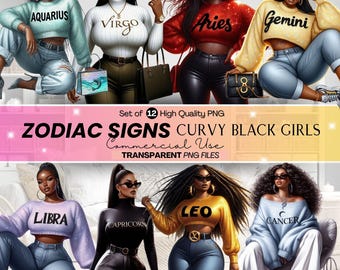 Curvy Black Girl Zodiacs Clipart Bundle, Horoscope Signs, Astrological Watercolor ClipArt, AfroAmerican Girl Zodiacs, Zodiac Sublimation