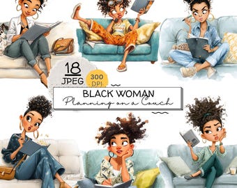 May include: Watercolor illustrations of Black women planning on couches. The images feature women in various outfits, holding notebooks and pens. The text "BLACK WOMAN Planning on a Couch" is displayed.