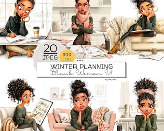 Black Woman Planner Jpeg Clipart, Winter Planning, Afro Girl Journaling, Productivity Clipart, Crafts, Projects