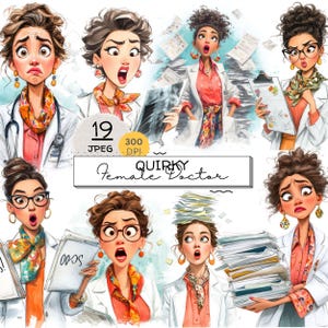 Rolig läkare clipart-paket, sjuksköterska, udda sjuksköterska, sjukhuspersonal, udda kvinnlig karaktär, projekt, hantverk, scrapbooking-designer