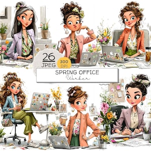 Paquete de 26 imágenes prediseñadas de mujer de oficina de primavera, JPEG de chica de negocios floral, mujer trabajadora moderna, pegatinas para agenda de jefa
