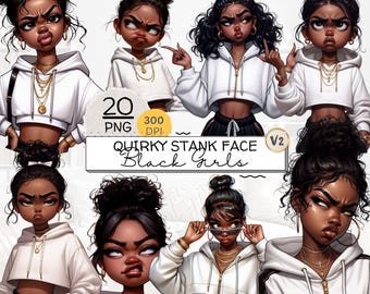 Quirky Stank Face Black Girl Clipart Bundle, Sassy Black Girl, Afro American Girl, Attitude Fashion Clipart for Sublimation, Stickers, Craft