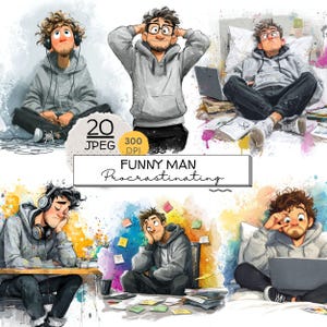 Puede incluir: Ilustración digital de un hombre de dibujos animados en varias poses, con una sudadera con capucha gris y con aspecto estresado. La imagen incluye el texto "FUNNY MAN Procrastinating" y detalles sobre el formato del archivo.