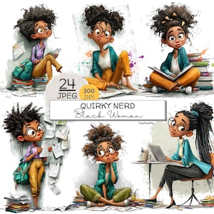 May include: A digital illustration set featuring a character with dark curly hair and glasses in various academic settings. The text reads 24 JPEG 300 DPI QUIRKY NERD Black Woman. The character wears teal, yellow, and purple clothing while studying.