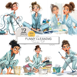Può includere: Illustrazione digitale di una donna in pigiama a righe blu e bianche impegnata in varie faccende domestiche. L'immagine include il testo "FUNNY CLEANING Time VI". La donna è raffigurata mentre aspira, lava e fa il bucato, con espressioni di frustrazione.