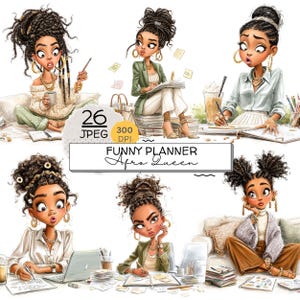 May include: Digital illustration featuring six images of a Black woman in various poses, all with a surprised expression. The images are labeled "Funny Planner Afro Queen". The woman is depicted with different hairstyles and outfits, working on a planner or using a laptop.