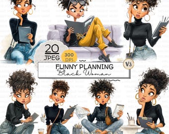 Peut inclure: Ensemble d'illustrations numériques d'une femme noire dans diverses poses, vêtue d'un col roulé noir et d'un jean. Le texte "Funny Planning Black Woman" est inclus. Style de dessin animé.