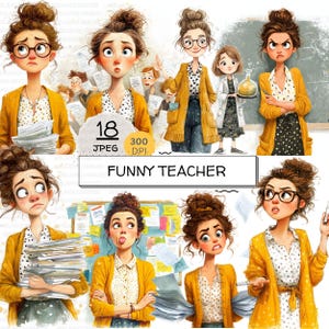 May include: Digital illustrations of a teacher in various humorous poses. The teacher is depicted with glasses, a bun hairstyle, and wearing a yellow cardigan over a polka-dot blouse. The phrase "FUNNY TEACHER" is displayed.