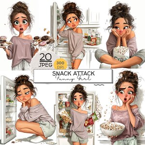 Könnte beinhalten: Digitale Illustration mit dem Titel "SNACK ATTACK Funny Girl", die eine Cartoon-Frau in verschiedenen Szenen mit Snacks zeigt. Die Frau hat einen überraschten Gesichtsausdruck, hält Donuts, Popcorn und schaut in einen Kühlschrank.