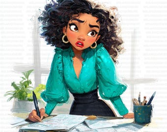 Büroangestellte Planer Mädchen Clipart, lustige berufstätige Frau Kunst, Afro Frau, Projekte, Kunsthandwerk