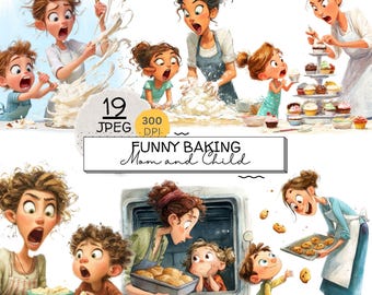 Funny Baking Mom and Child Clipart Jpeg Bundle, Cute Kitchen Scene Art, Quirky Family, Mother's day Clipart, Crafts