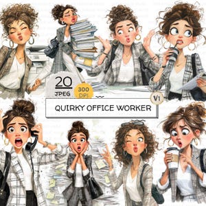 May include: A digital illustration set featuring a 'Quirky Office Worker' in various poses. The images showcase a woman in a plaid blazer, expressing a range of emotions, with stacks of paperwork and office supplies in the background.