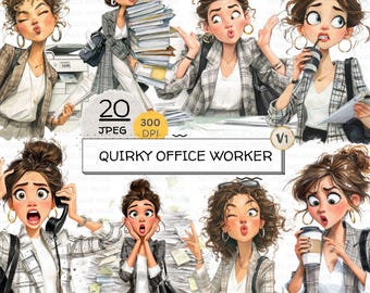 Office Lady Clipart Bundle Jpeg, Busy Workplace PNG, Quirky Workday Illustrations, Projects, Crafts, Scrapbooking designs