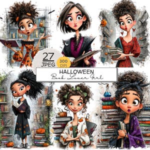 27 Halloween-Cliparts für lesebegeisterte Mädchen, JPEG-Dateien mit Hexenmotiven, gruselige Bibliotheksgrafiken, Buch-Sublimationsdruck