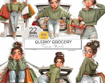 Grocery Girl Clipart, Shopping Woman Jpeg, Quirky Errands Life Sublimation Cute Designs